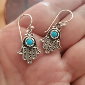 Turquoise .925 Sterling Silver Judaic Israel Fatima Hand Earrings